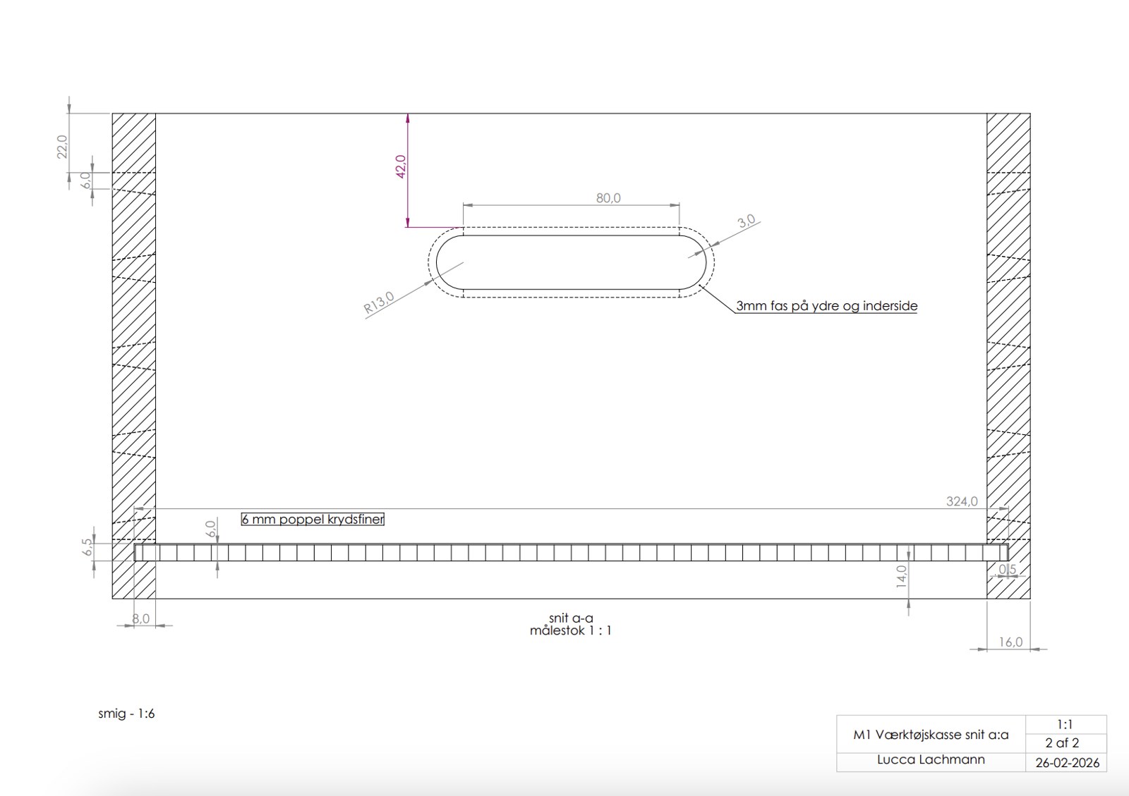 Section drawing a–a at 1:1 showing the handle, the 3 mm chamfer and the 6 mm poplar plywood bottom in its rebate.