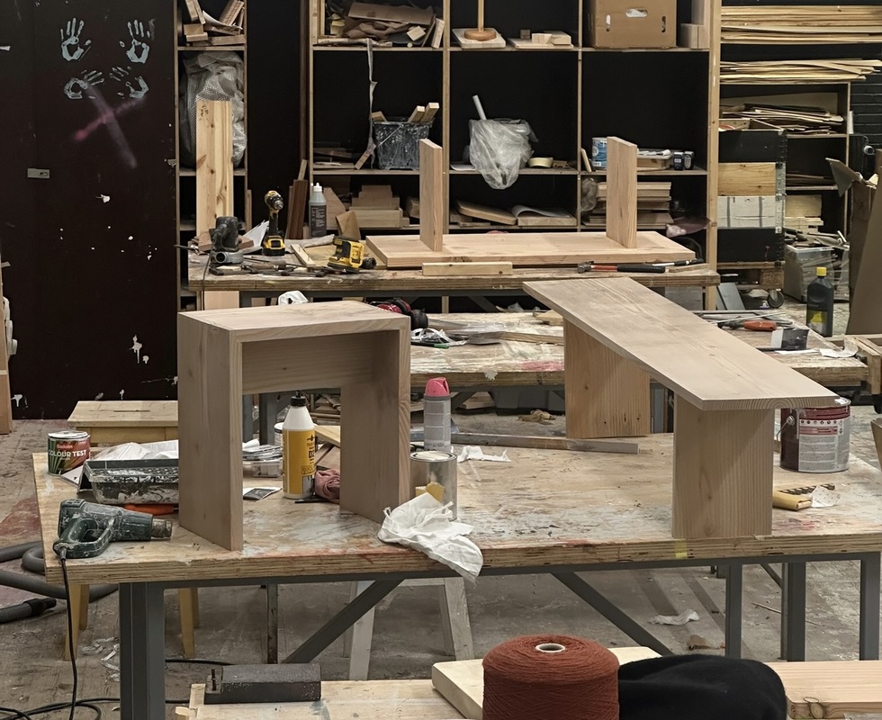 Bench and stool in progress on the workshop bench at Krabbesholm.