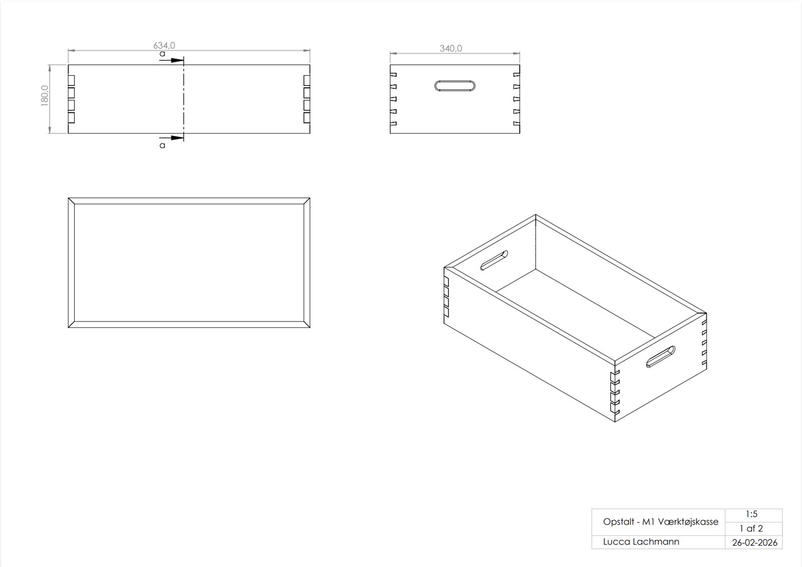 Working drawing of the toolbox: elevation, plan and isometric view with dovetailed corners.